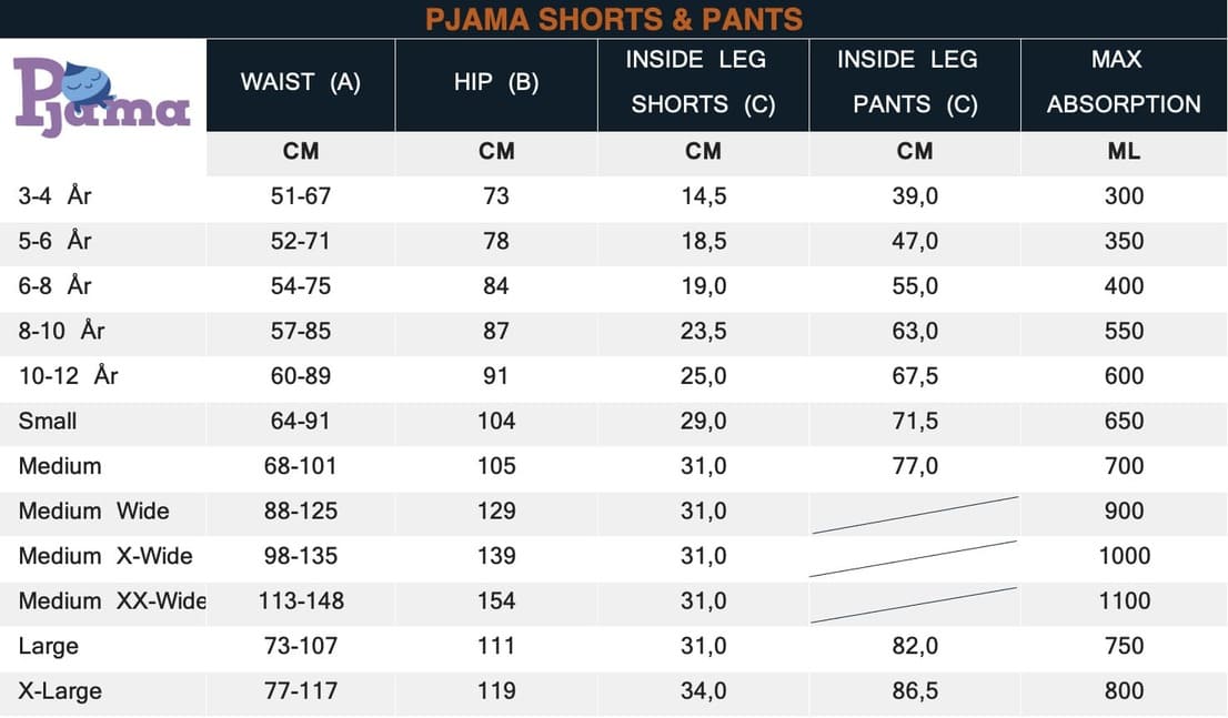 Sizeguide Pjama Pants and Shorts